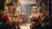 A Florist Shop Overflowing With Bright, Colorful Flowers. Generative AI