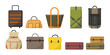 set of variety baggage, suitcases in difference types, travel bag, difference size of baggage in autumn cool color tone for backpacker tourist vacation. flat illustration vector.