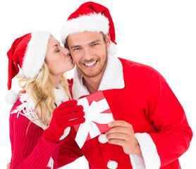 Poster - Digital png photo of happy biracial couple holding gift on transparent background