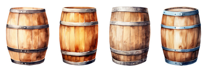 Wall Mural - Watercolor illustration of wooden barrels isolated on transparent background