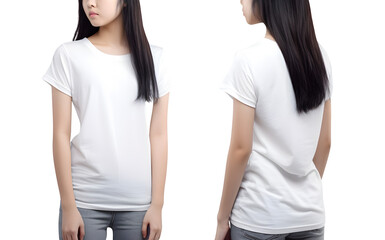 Wall Mural - Young woman in white T shirt mockup front and back view, Cutout.