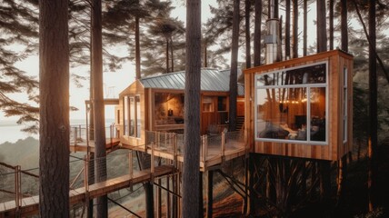 Wall Mural - The exterior design of modern wooden Scandinavian treehouse with tall trees in forest and lake view. Generative AI image AIG30.