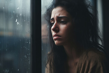 Wall Mural - Sad girl near window thinking about something