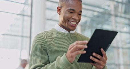 Canvas Print - Tablet, happy and business black man in office for planning, networking and online project. Corporate worker, social media and male person on digital tech for internet research, website and report