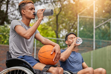 Poster - Men in wheelchair, basketball players or drinking water for sports break, rest or court fitness electrolytes. People with a disability, athletes or workout friends with bottle for exercise recovery