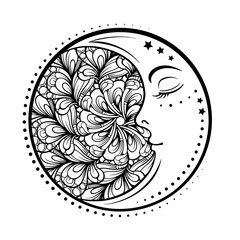 Wall Mural - Ethnic cresent moon motif. Antistress coloring page