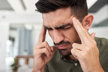 Poster - Business man, stress and headache for burnout, debt and confused by mistake, pain and challenge. Face of male employee with anxiety, bankruptcy problem and frustrated with fail, crisis and brain fog