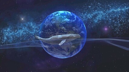 Wall Mural - The blue whale swims towards the cosmic waves, against the backdrop of the vast earth. Fantasy with a big whale floating on the waves of time and the universe.