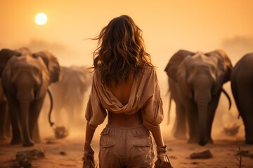 an audacious woman revels in the thrill of observing a majestic herd of elephants in the wild africa