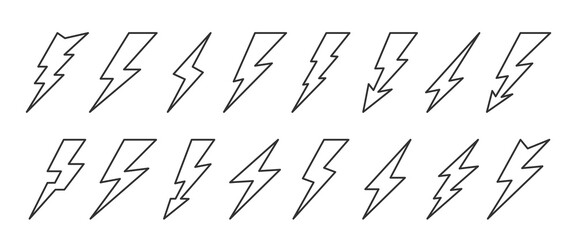 Lightning bolt black line icon set. Energy power charge sign. Thunder strike electricity linear symbol. Thunderbolt flash pictogram. Powerful electrical discharge hitting. Danger zigzag arrow concept