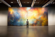 Faith. Heavenly Background. Man Looking At Abstract Painting Of The Heavens On Wall In Art Gallery, Rear View