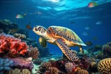 Fototapeta Do akwarium - Generative AI : Colorful Watercolor Illustration of a Graceful Sea Turtle Swimming in the Ocean's Wonderland
