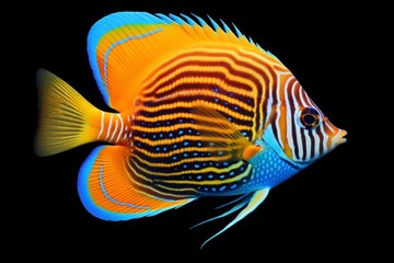 Wall Mural - Generative AI : Set of Saltwater angelfish on white isolated background. Emperor, Flame, Bellus, Regal and Japanese swallowtail angelfish