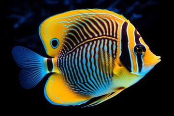 Poster - Generative AI : Set of Saltwater angelfish on white isolated background. Emperor, Flame, Bellus, Regal and Japanese swallowtail angelfish