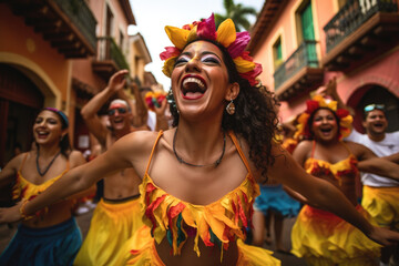 Wall Mural - Colombian Rhythm. Woman Dancing Traditional Dance in the Streets of the Capital. AI Generative 