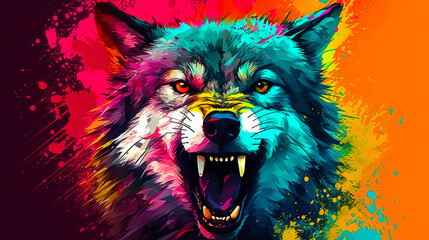 Wall Mural - Angry wolf face vector illustration in abstract mixed grunge colors digital painting in minimal graphic art style. Digital illustration generative AI.