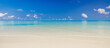 Closeup sea sand sky beach. Panoramic coast landscape. Inspire tropical Mediterranean beach seascape horizon.  Peaceful calm tranquil relaxing sunlight. Vacation travel banner minimalism copy space 