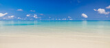 Closeup sea sand sky beach. Panoramic coast landscape. Inspire tropical Mediterranean beach seascape horizon. Peaceful calm tranquil relaxing sunlight. Vacation travel banner minimalism copy space