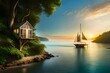 breathtaking landscape portrait of a lush magical fantasy beach with a Treehouse on a Cliff