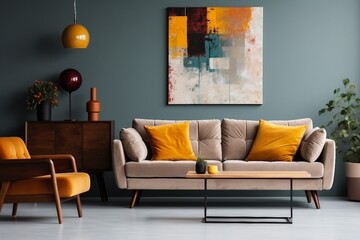 interior design, Abstract painting on grey wall of retro living room interior with beige sofa with pillows, vintage dark green armchair and yellow pouf with book. created generative ai.