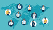 Global network. Illustration of a diverse business team connected by dots on a world map background. Business illustration. 