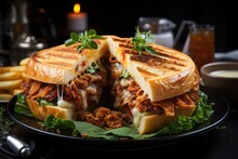 Grilled Sandwiches With Chicken And Egg Served With French Fries