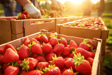 Ripe Strawberry In Wooden Box Or Crates At A Farm Field Plantation With Blurred Workers On Background.
