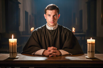 A young priest in a solemn portrait, representing the clergyman's dedication to his religious calling.