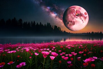 Romantic night scene - Beautiful pink flower blossom in garden with night skies and full moon.AI generated
