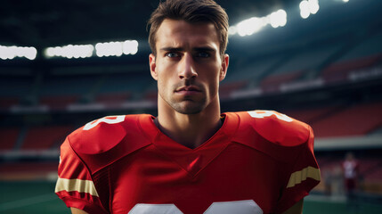 Close-up of serious American football player in red jersey looking down against sports pitch