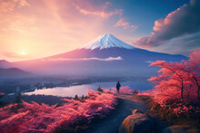 Japan's Picturesque Landscape Boasts The Iconic Mount Fuji, Framed By Colorful Flowers And Trees, And Its Reflection Dances On The Tranquil Lake Beneath The Vast Blue Sky