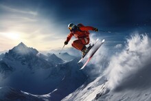 Skier Jumping In The Snow Mountains On The Slope With His Ski And Professional Equipment On A Sunny Day