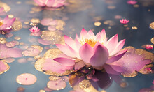 Pink Lotus Flower On The Beautiful Golden Pond