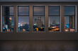 © VideoFlow - Empty room Interior Skyscrapers View Bangkok. Downtown City Skyline Buildings from High Rise Window. Beautiful Expensive Real Estate overlooking. Night time. 3d rendering.