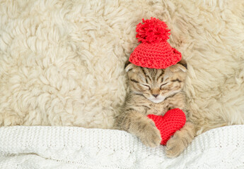 Poster - Cute fold tabby kitten wearing warm hat covered warm plaid hugs red heart on the bed at home. Valentines day concept. Top down view. Empty space for text