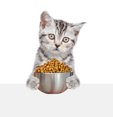 Poster - Cat holding bowl of dry food and looking above empty white banner. isolated on white background