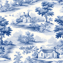  Toile De Jouy Pattern With Countryside Views With Castles And Houses And Landscapes With Trees, River And Bridges With Road In Blue Color Generative AI