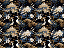 Photo Seamless Pattern With Cranes And Flowers.
