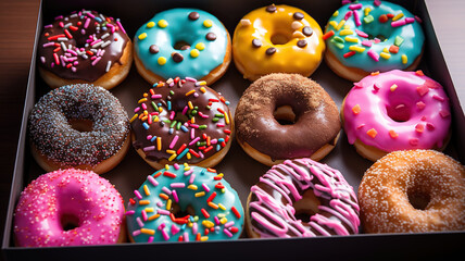 box filled with lots of colorful donuts is on the table