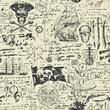 © paseven - Vector abstract seamless pattern with Jolly Roger skulls, crossbones, pirate flag, swords, guns, caravels and other nautical symbols. Vintage hand-drawn background with illegible handwritten notes