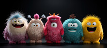 Group Of Cute Monster In A Raw. Created By Generative AI Technology.