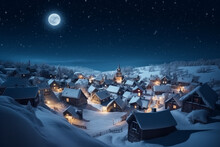 Little Christmas Town Covered With Snow On A Magic Christmas Night.