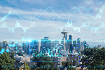 Wall Mural - Seattle skyline panorama from Kerry Park. Skyscrapers of financial downtown at day time, Washington, USA. Forex candlestick graph hologram. The concept of internet trading, brokerage, analysis