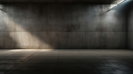 The dark room is illuminated by a beam of light and features concrete walls and floor