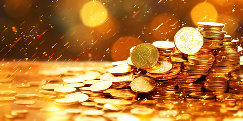 Pile of golden coins with gold bokeh background. Jackpot fortune concept. Generative AI