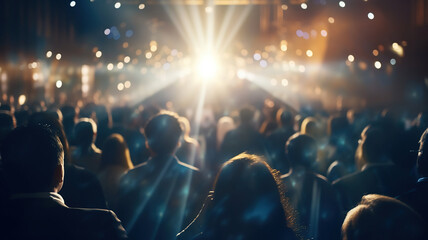 people at an award ceremony standing together on stage at a blurred event