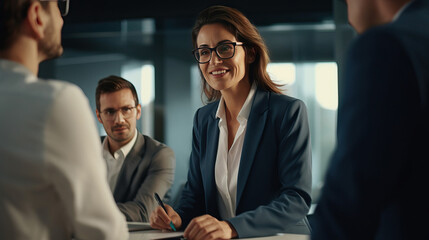 portrait of a businesswoman. smile and relaxing . miidle age of woman and team .  office and tower view background.