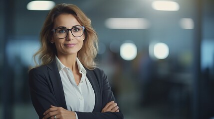 portrait of a businesswoman. smile and relaxing . miidle age of woman and team .  office and tower view background.