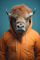 Wall Mural - Portrait of bison in orange hoodie sweatshirt. AI generative art