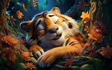Sleeping Tiger In Fairy Tale Character Style, Generative Ai